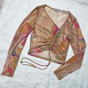 Gaze Psychedelic Marble Print Ruched Mesh Long Sleeve Crop Top, Size S